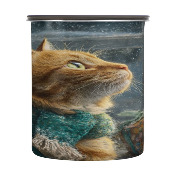 Wobogo Ginger Cat Food Storage Jars 304 Food Grade Stainless Steel Canisters With Vacuum Airtight Lids for Coffee Snacks Nuts Cereal 900ML