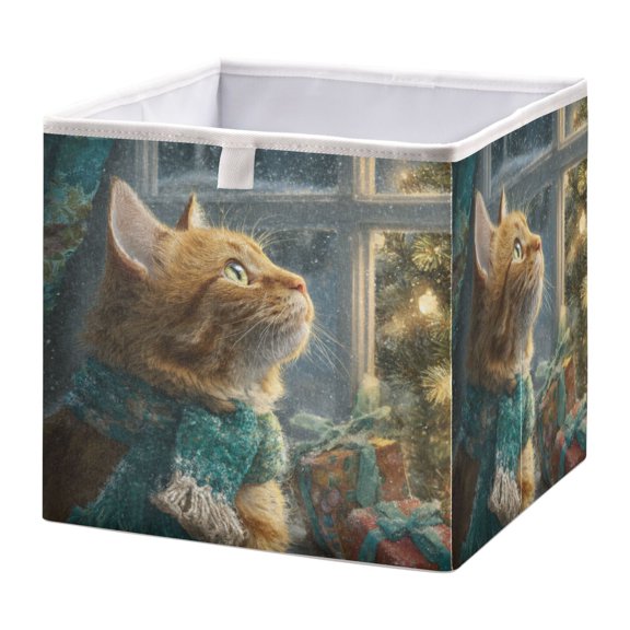 Wobogo Ginger Cat Storage Basket Foldable Easy to Clean Durable with Hollow Support Plate with Handle 11.02×11.02×11.02 in