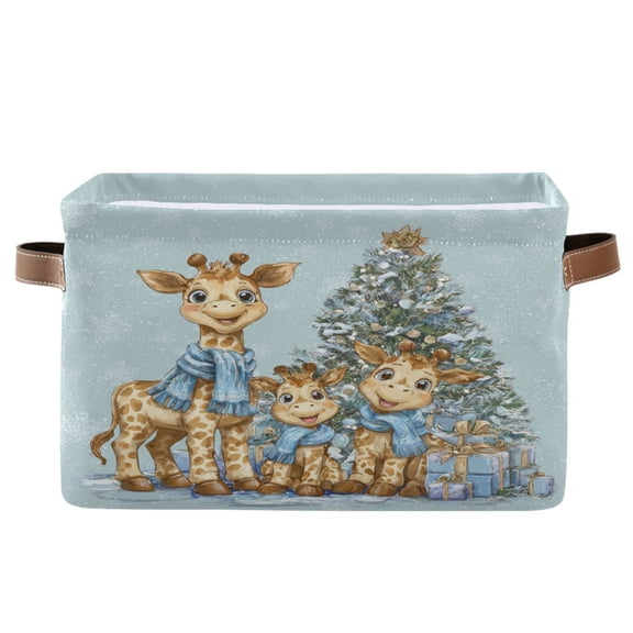 Wobogo Giraffe Family Square Storage Basket with Waterproof Canvas and PE Lining Durable PU Leather Handles 14.2×10.2×8.3in