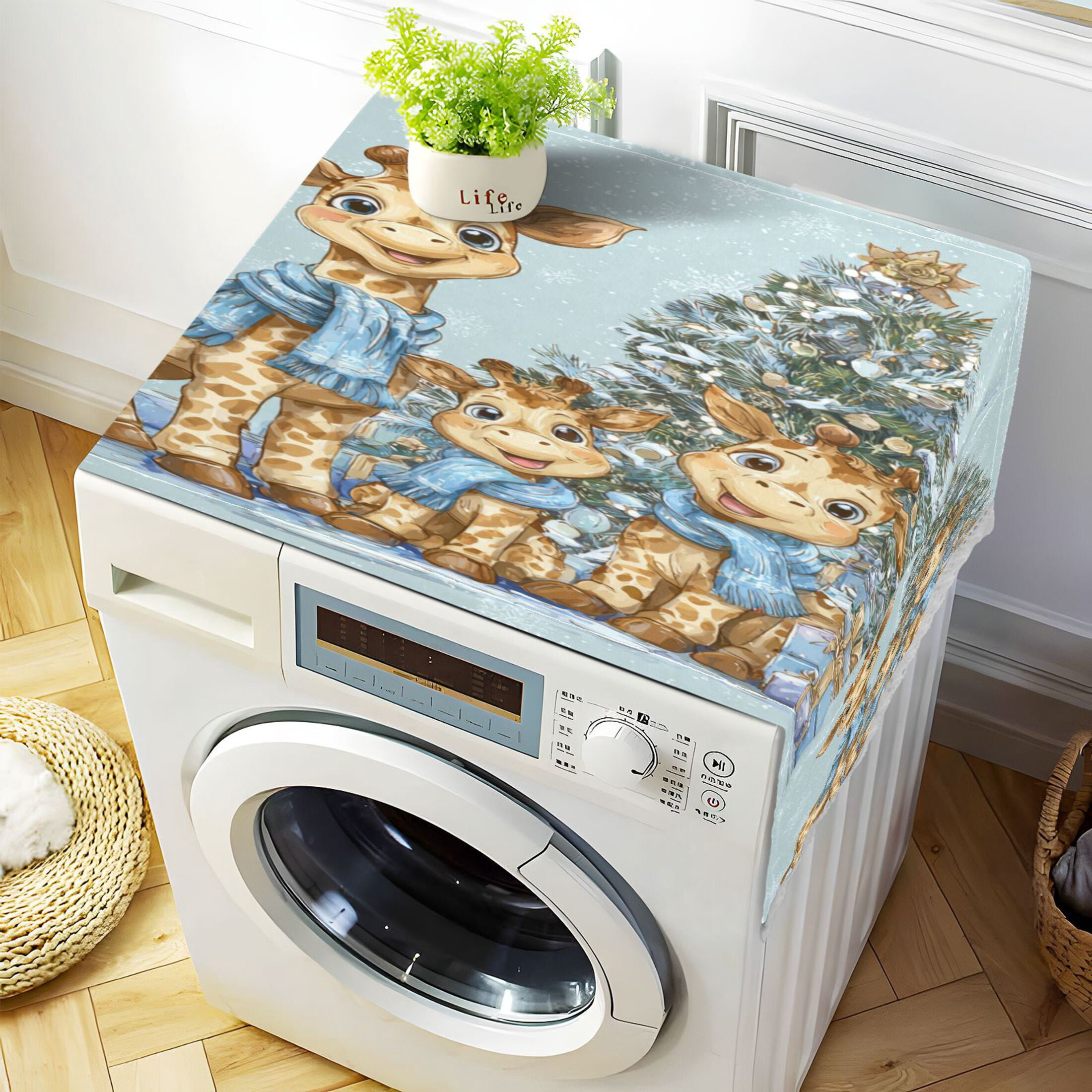 Wobogo Giraffe Family Washing Machine Cover Dustproof Washer Dryer Cover Waterproof Laundry Room Decorative Protector