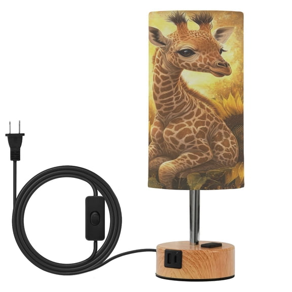 Wobogo Giraffe Sunflower Illustration Bedside Lamp Touch Control Table Lamp with USB A+C Charging Ports & AC Outlet 3-Way Dimmable Nightstand Lamp with Linen Fabric Shade for Bedroom Living Room