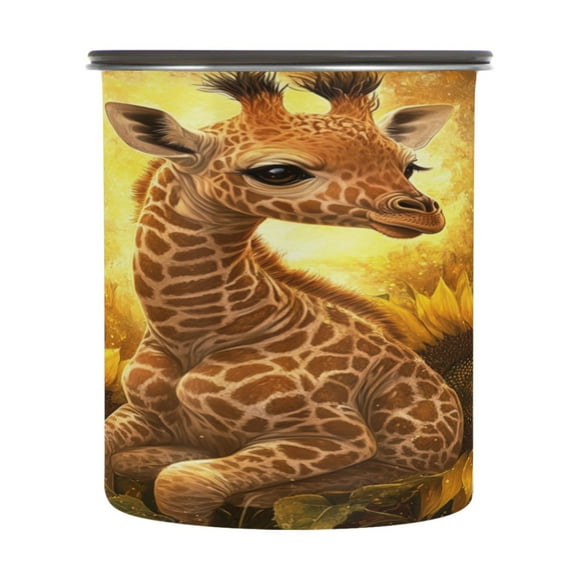 Wobogo Giraffe Sunflower Illustration Food Storage Jars 304 Food Grade Stainless Steel Canisters With Vacuum Airtight Lids for Coffee Snacks Nuts Cereal 900ML