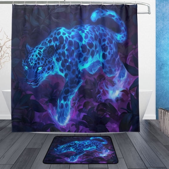 Wobogo Glowing Blue Leopard Bathroom Shower Curtain Set with Floor Mat and Hooks Ultra Waterproof Visible Slider Beads