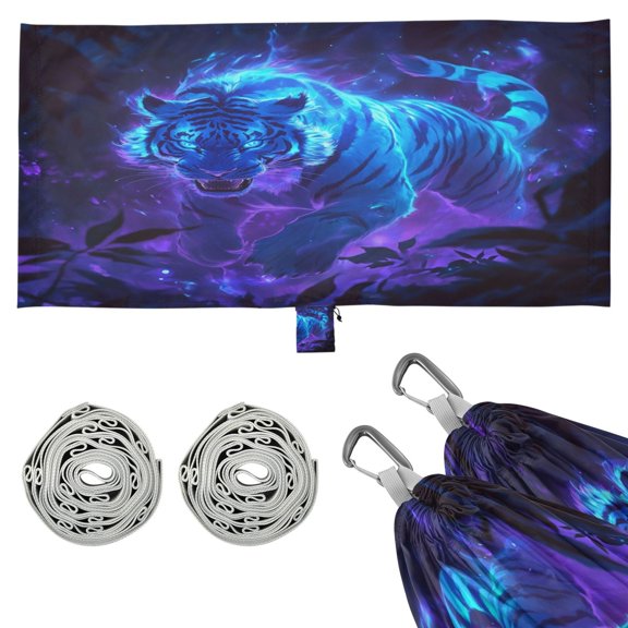 Wobogo Glowing Blue Tiger Camping Hammocks 330 lb Capacity with Tree Straps and Hanging Pockets for Outside Hiking Beach Backpack Travel