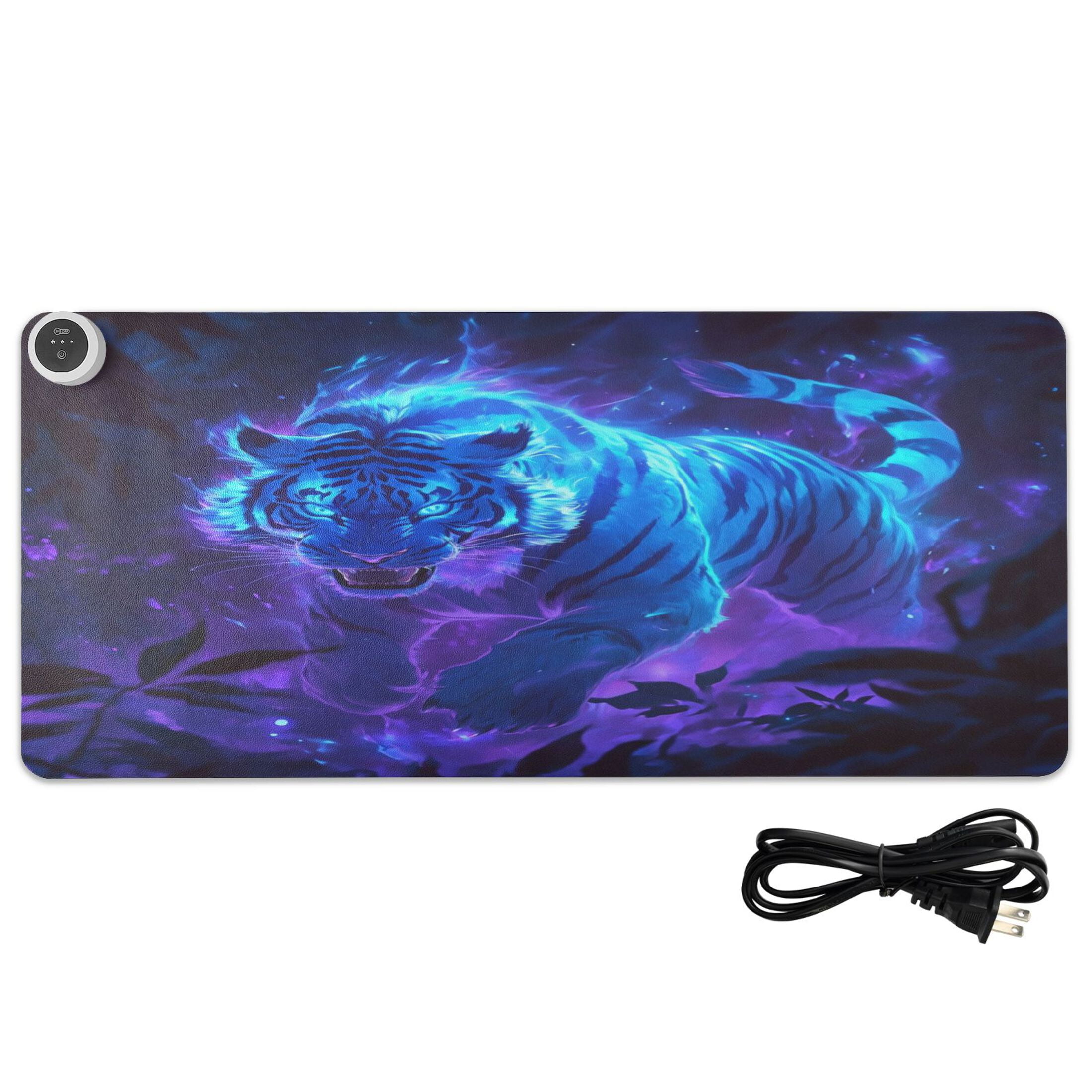 Wobogo Glowing Blue Tiger Heated Mouse Pad Extra-Large Desk Mat With 3 Heating Levels and 3-hour Auto Shut-Off Protection Ideal for Computer Keyboards Home Office Hand-warming Essential 31.5in × 13in
