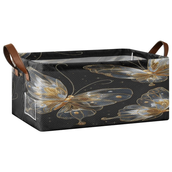 Wobogo Gold Transparent Butterfly Storage Basket Soccer Plaid Fabric Oversized Collapsible Hoard Box with Metal Iron Frame 16.9×11.4×7.7in