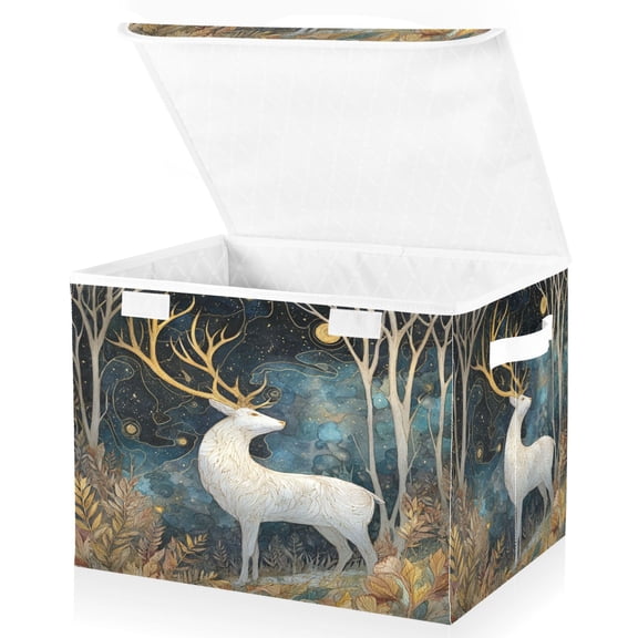 Wobogo Golden Antlered Deer Large Collapsible Storage Box Flip Lid Fabric Decorative Organizer Container Basket with Handles 16.512.611.8in