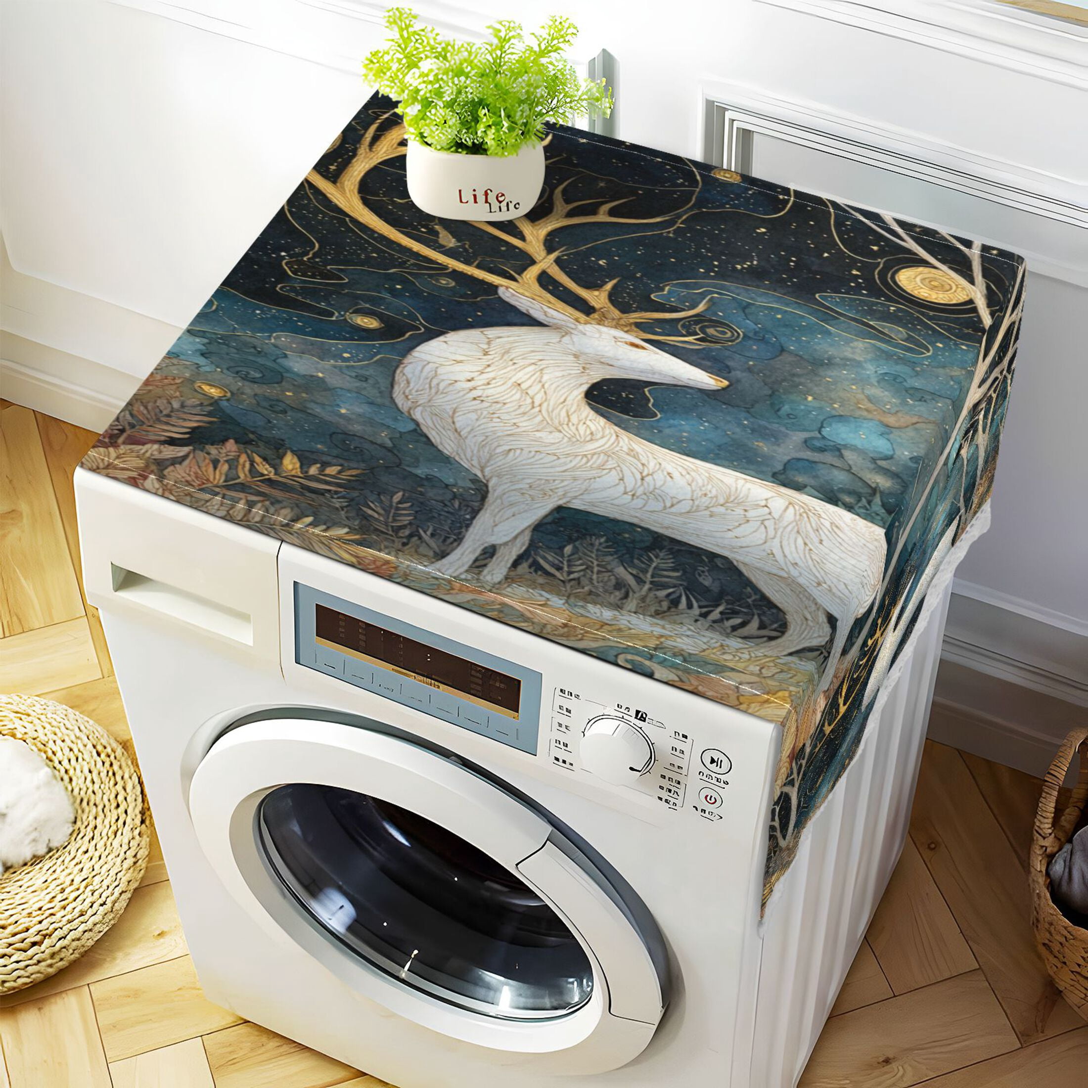 Wobogo Golden Antlered Deer Washing Machine Cover Dustproof Washer Dryer Cover Waterproof Laundry Room Decorative Protector