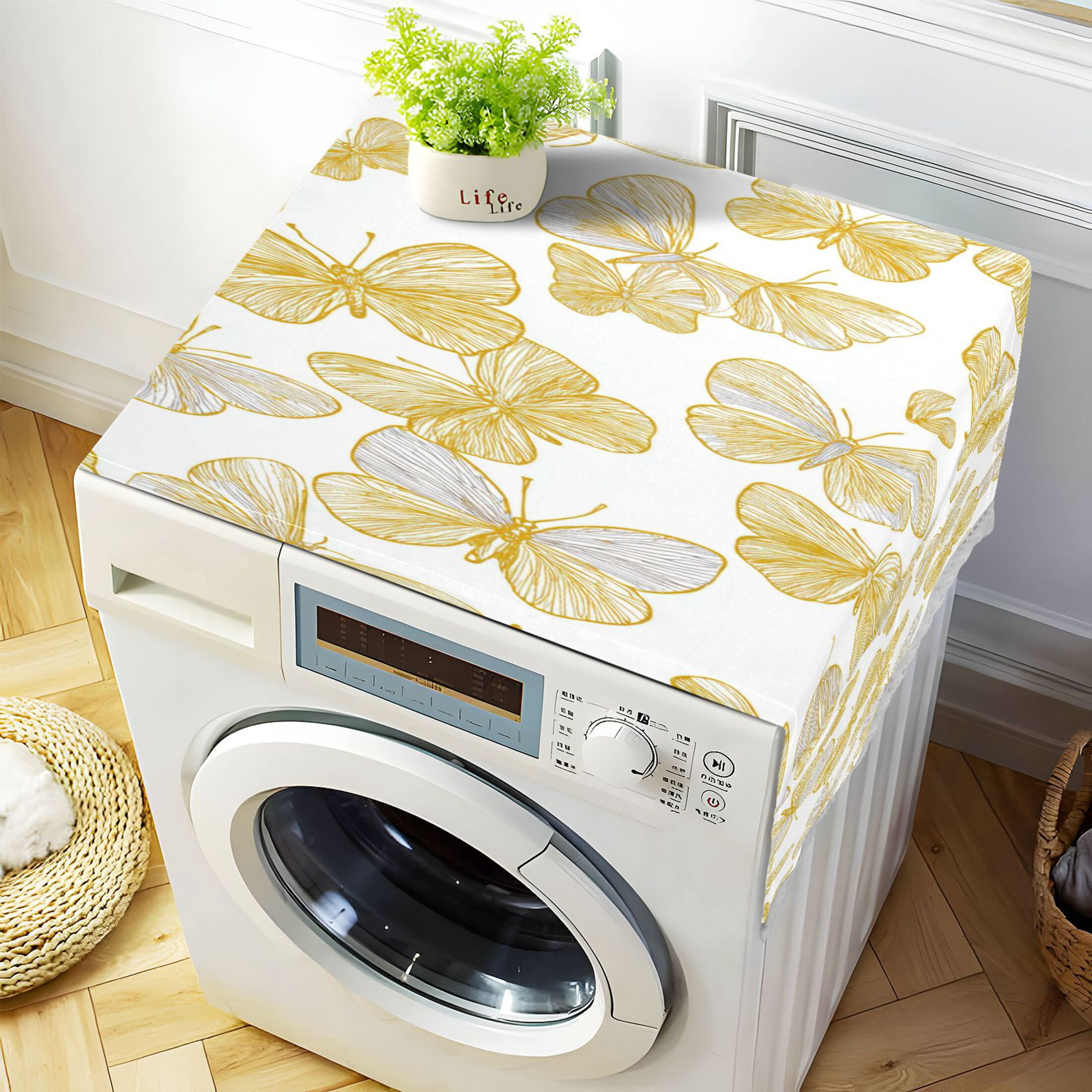 Wobogo Golden Butterfly Floral Washing Machine Cover Dustproof Washer Dryer Cover Waterproof Laundry Room Decorative Protector