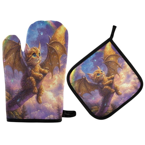 Wobogo Golden Kitten with Wings Oven Mitts and Pot Holders 2pcs Set Kitchen Oven Glove High Heat Resistant 200 Degree Surface for Cooking