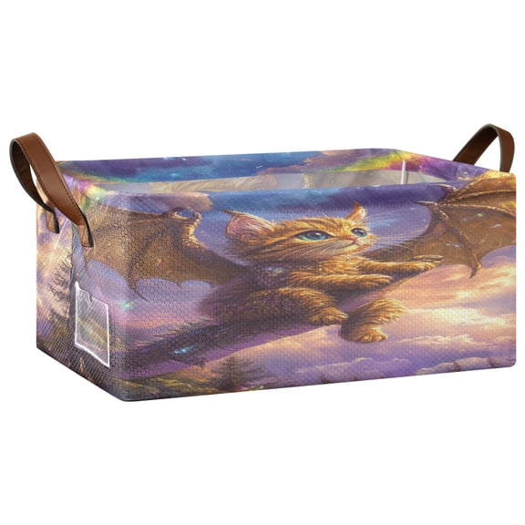 Wobogo Golden Kitten with Wings Storage Basket Soccer Plaid Fabric Oversized Collapsible Hoard Box with Metal Iron Frame 16.9×11.4×7.7in
