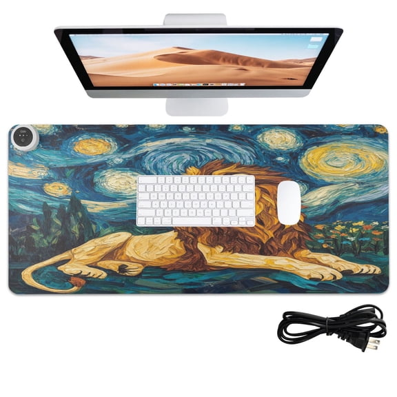 Wobogo Golden Lion King Heated Mouse Pad Extra-Large Desk Mat With 3 Heating Levels and 3-hour Auto Shut-Off Protection Ideal for Computer Keyboards Home Office Hand-warming Essential 31.5in 13in
