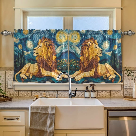 Wobogo Golden Lion King Kitchen Curtains 2 Piece Set Symmetrical Design Light Filtering Small Window Drapes Suitable for Bathroom Laundry Room and RV 57x24in