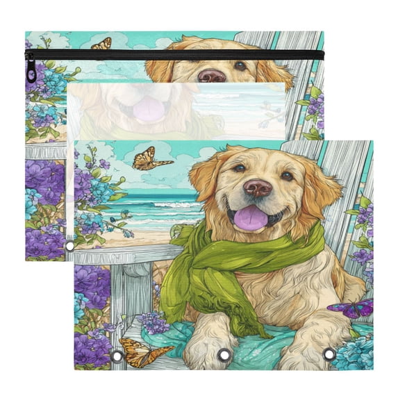 Wobogo Golden Retriever A4 Size Clear Polyester File Pocket Set of 2 Zipper Home Work Office Organizer