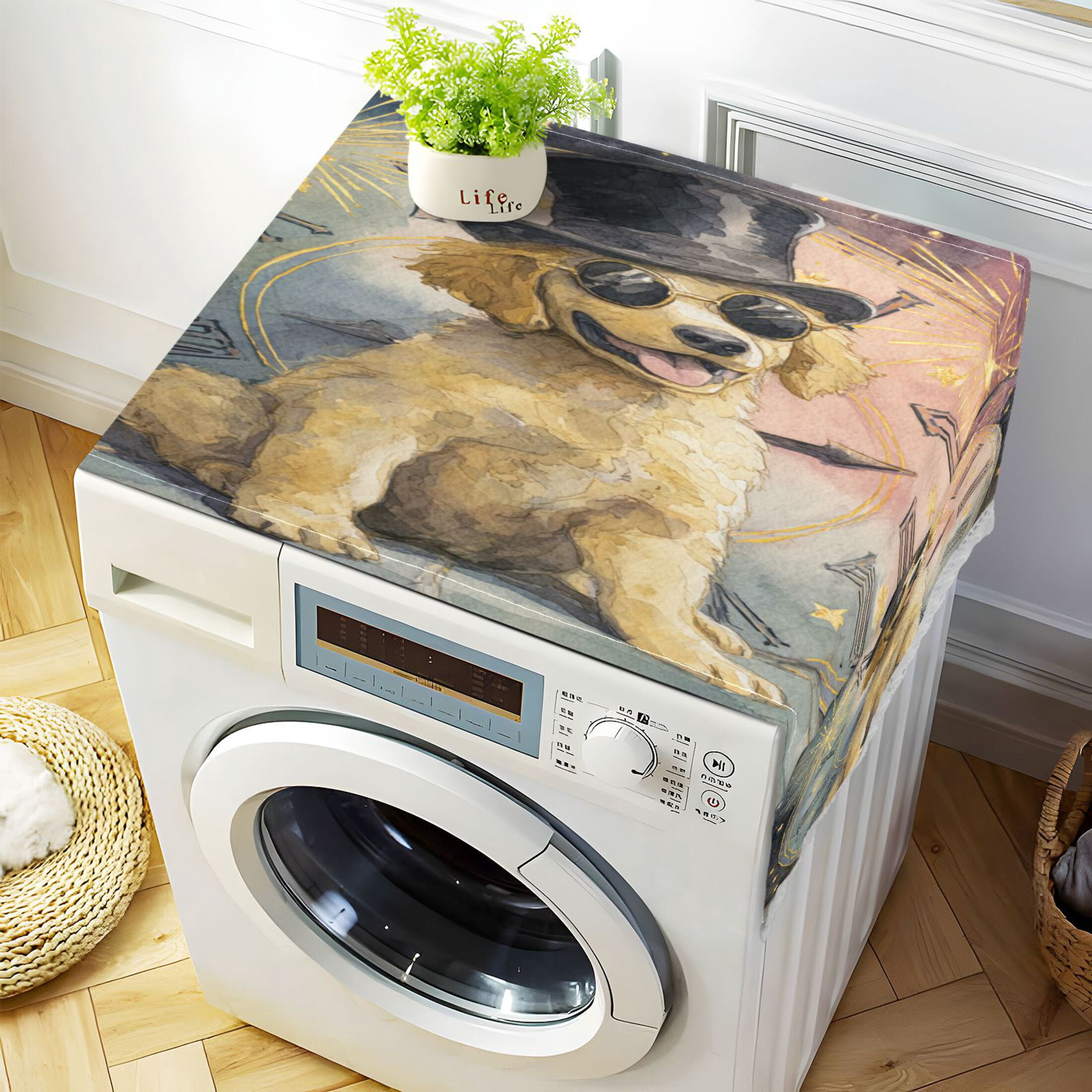 Wobogo Golden Retriever Art Washing Machine Cover Dustproof Washer Dryer Cover Waterproof Laundry Room Decorative Protector