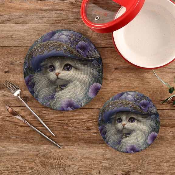 Wobogo Gorgeous Persian Cat Trivets Potholders Set of 2 Cotton Woven Round Hot Plate Mats for Hot Dishes Bowls Teapots