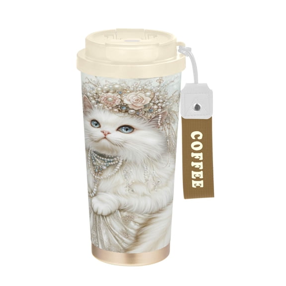 Wobogo Gorgeous White Cat Double Drinking Coffee Cup Insulated Mug with Food-grade 316 Stainless Steel Beige Lid