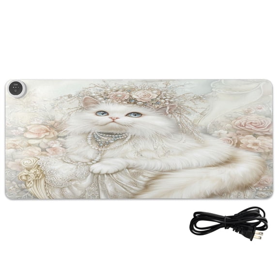 Wobogo Gorgeous White Cat Heated Mouse Pad Extra-Large Desk Mat With 3 Heating Levels and 3-hour Auto Shut-Off Protection Ideal for Computer Keyboards Home Office Hand-warming Essential 31.5in × 13in