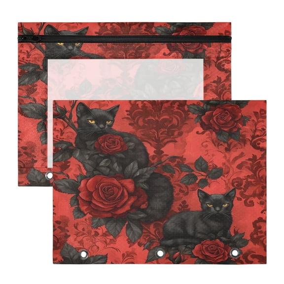 Wobogo Gothic Roses Black Cats Pattern A4 Size Clear Polyester File Pocket Set of 2 Zipper Home Work Office Organizer
