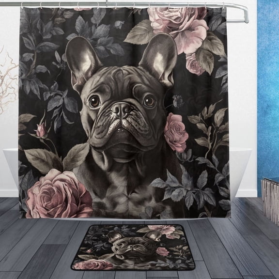 Wobogo Gotland Ros Bulldog Pattern Bathroom Shower Curtain Set with Floor Mat and Hooks Ultra Waterproof Visible Slider Beads