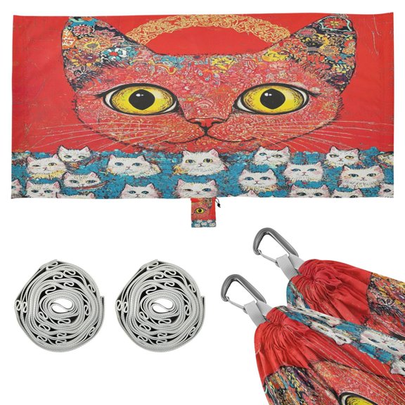 Wobogo Graffiti Cat Camping Hammocks 330 lb Capacity with Tree Straps and Hanging Pockets for Outside Hiking Beach Backpack Travel