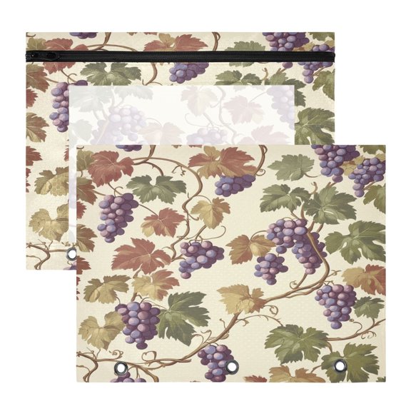 Wobogo Grape Seamless Picture A4 Size Clear Polyester File Pocket Set of 2 Zipper Home Work Office Organizer