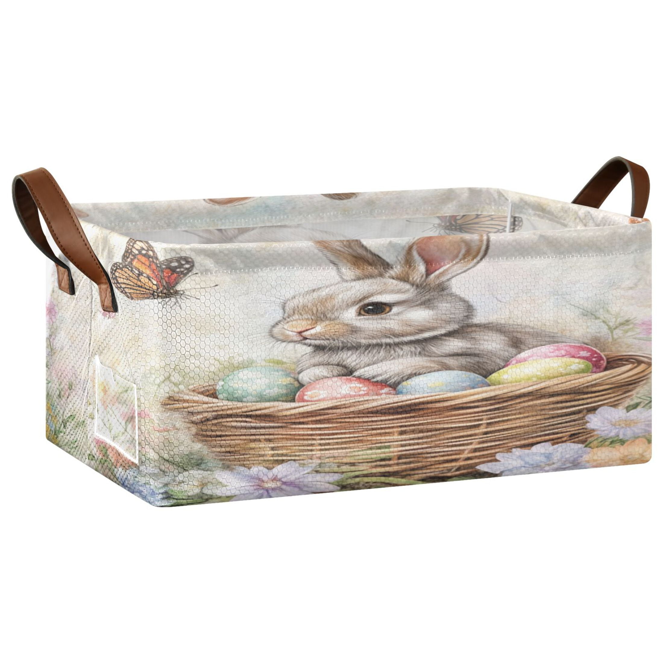 Wobogo Gray Easter Rabbit Storage Basket Soccer Plaid Fabric Oversized Collapsible Hoard Box with Metal Iron Frame 16.9×11.4×7.7in