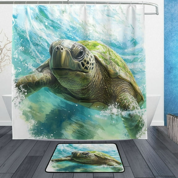 Wobogo Great Turtle Bathroom Shower Curtain Set with Floor Mat and Hooks Ultra Waterproof Visible Slider Beads
