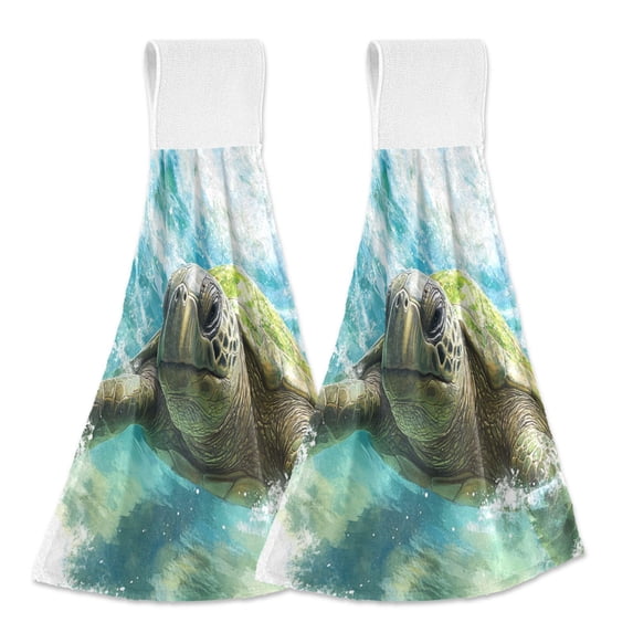 Wobogo Great Turtle Hand Towel Set of 2 Absorbent for Kitchen and Bathroom With Velcro Hanging Loop 18.2×14in