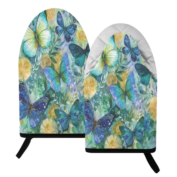Wobogo Green Butterfly Heat Resistant Oven Mitts Quilted Cotton Kitchen Gloves with Hanging Loop for Cooking BBQ Microwave