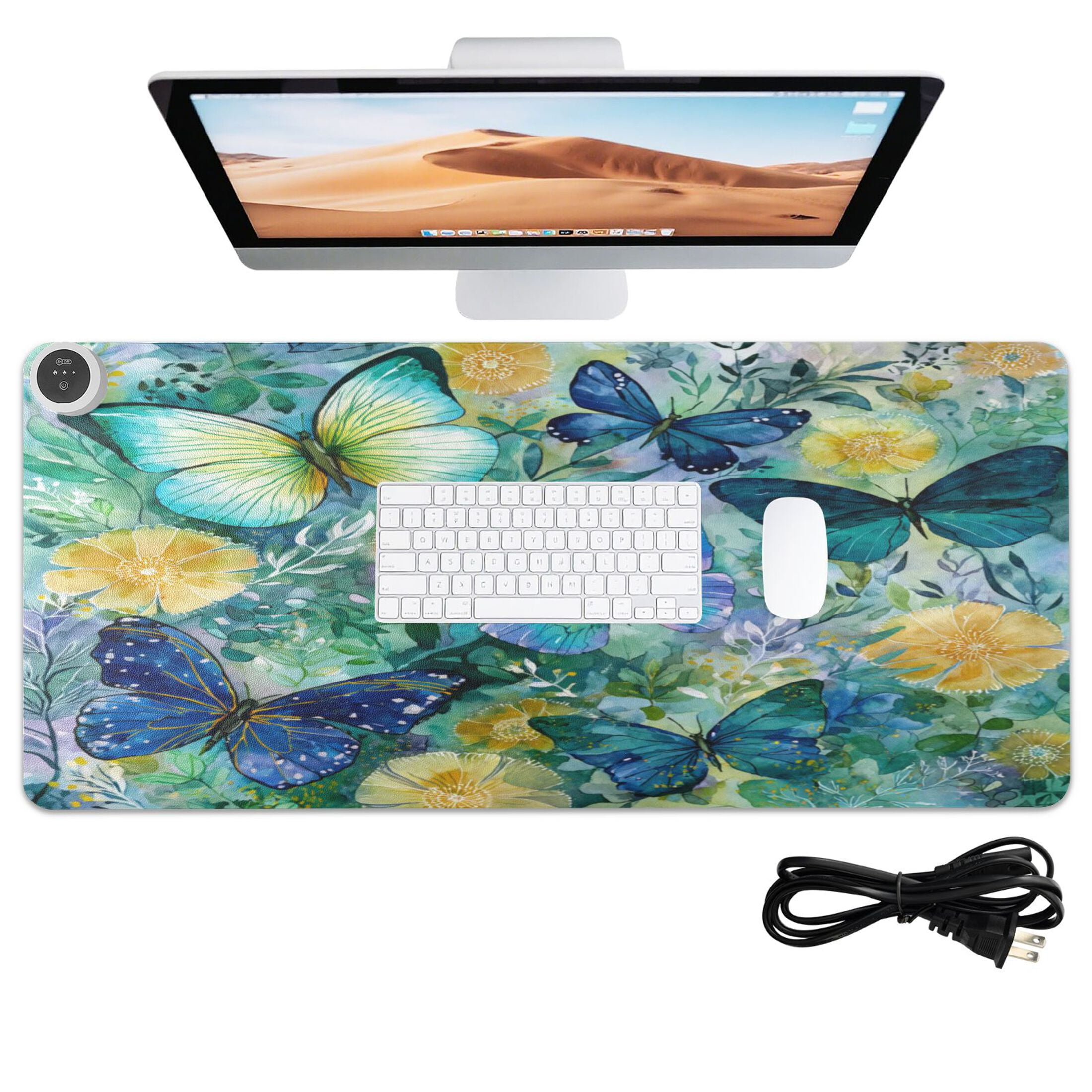Wobogo Green Butterfly Heated Mouse Pad Extra-Large Desk Mat With 3 Heating Levels and 3-hour Auto Shut-Off Protection Ideal for Computer Keyboards Home Office Hand-warming Essential 31.5in × 13in