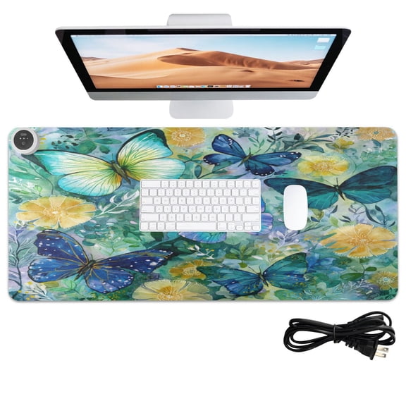 Wobogo Green Butterfly Heated Mouse Pad Extra-Large Desk Mat With 3 Heating Levels and 3-hour Auto Shut-Off Protection Ideal for Computer Keyboards Home Office Hand-warming Essential 31.5in  13in