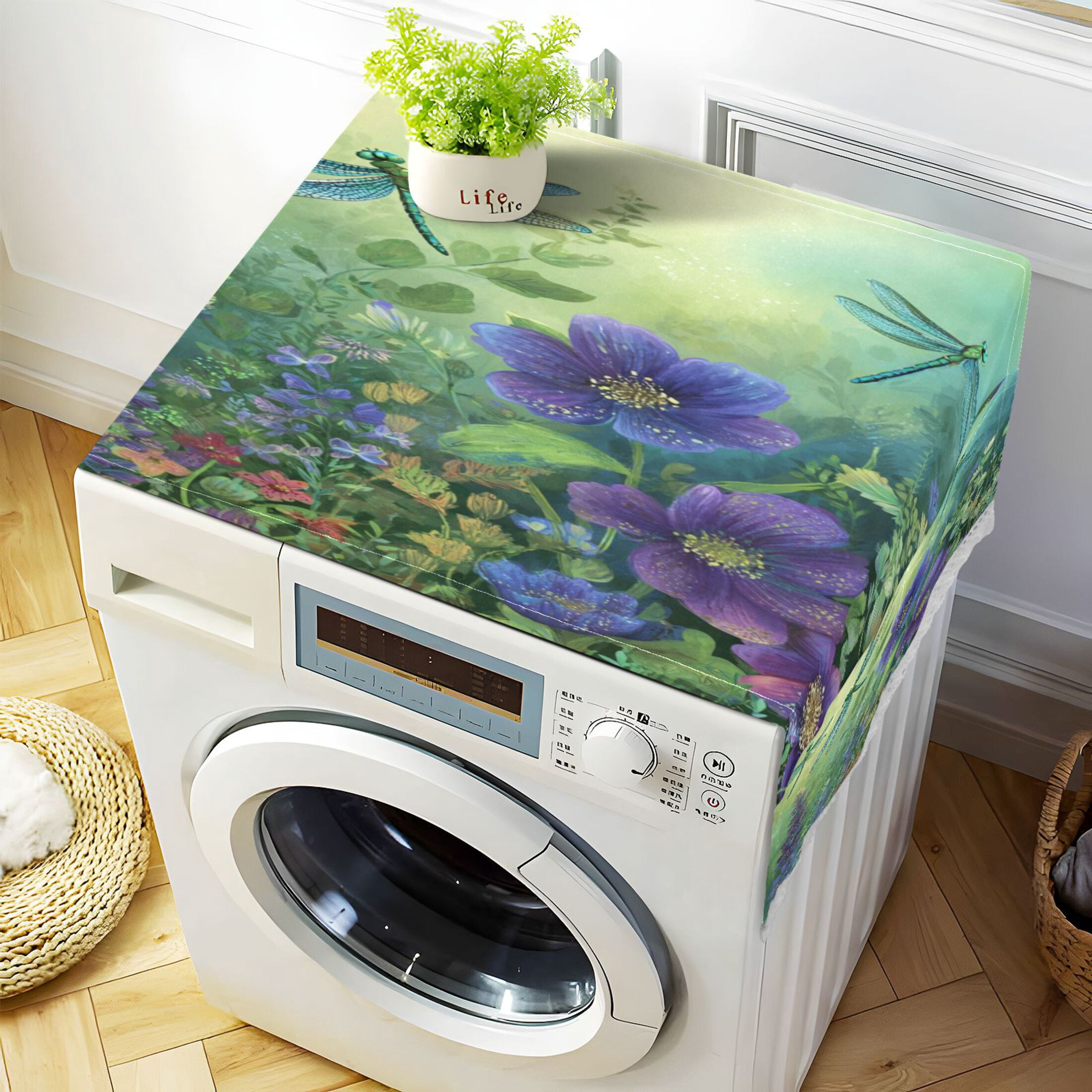 Wobogo Green Dragonfly Floral Washing Machine Cover Dustproof Washer Dryer Cover Waterproof Laundry Room Decorative Protector