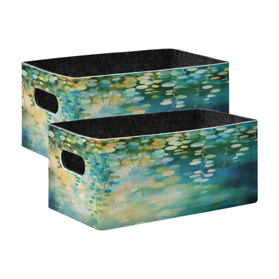 Wobogo Green Flower Leaves Decorative Folding Storage Basket Set of 2 for Desktop Bedroom Living Room Dressing Table