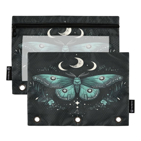 Wobogo Green Moth Pencil Pouch with 3 Ring Binder Holes Set of 2 for Learning Tools