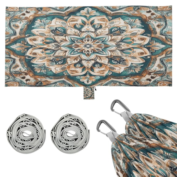 Wobogo Greenish Brown Boho Pattern Camping Hammocks 330 lb Capacity with Tree Straps and Hanging Pockets for Outside Hiking Beach Backpack Travel