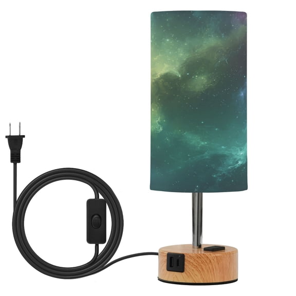 Wobogo Greenish Galaxies Bedside Lamp Touch Control Table Lamp with USB A+C Charging Ports & AC Outlet 3-Way Dimmable Nightstand Lamp with Linen Fabric Shade for Bedroom Living Room