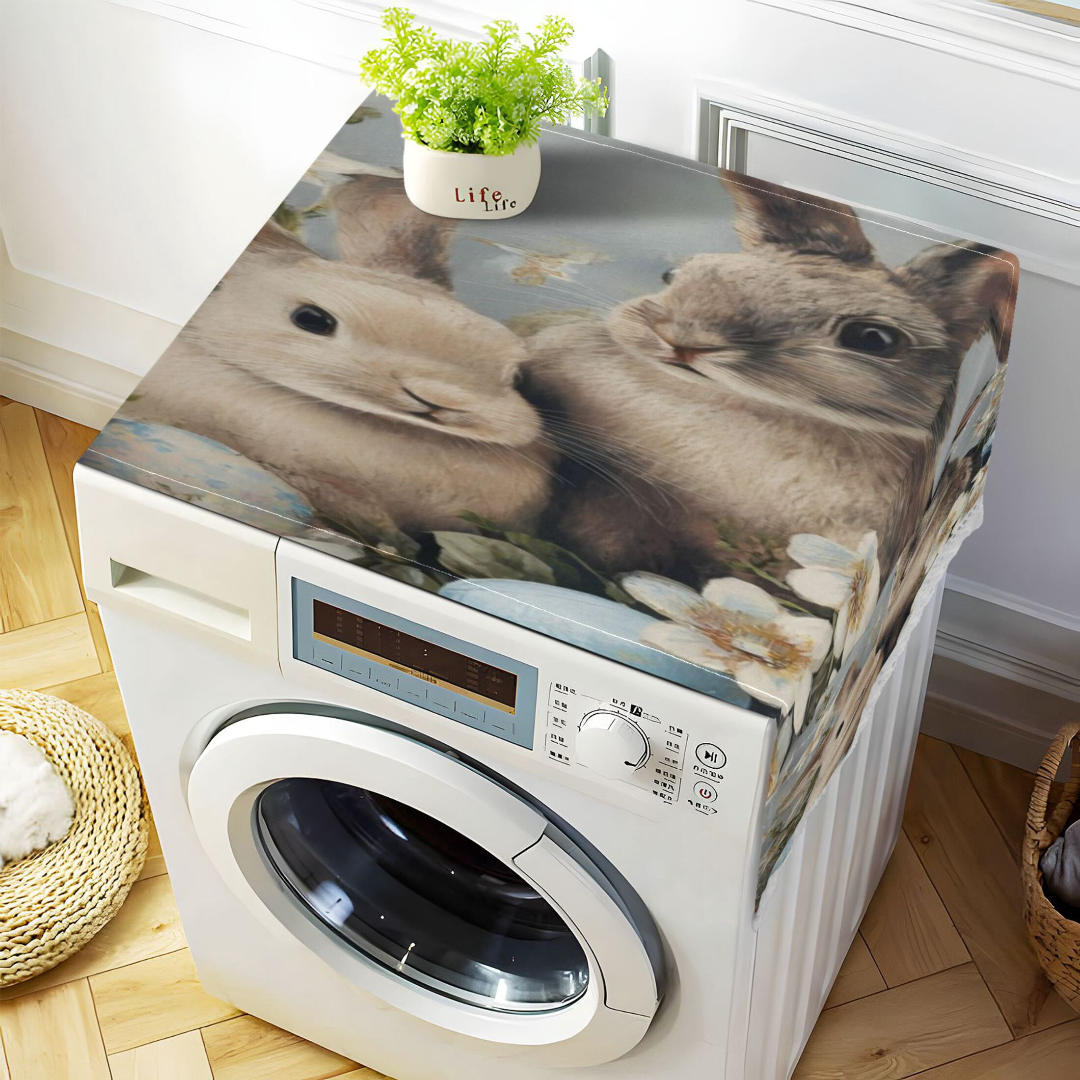 Wobogo Grey Rabbit Nest Washing Machine Cover Dustproof Washer Dryer Cover Waterproof Laundry Room Decorative Protector