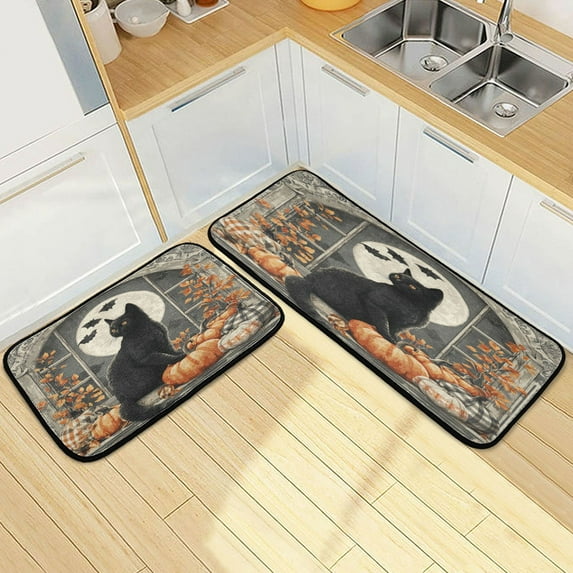 Wobogo Halloween Kitten Kitchen Carpet Set of 2 Absorbent and Stain Resistant Non-slip Star Rubber Backing