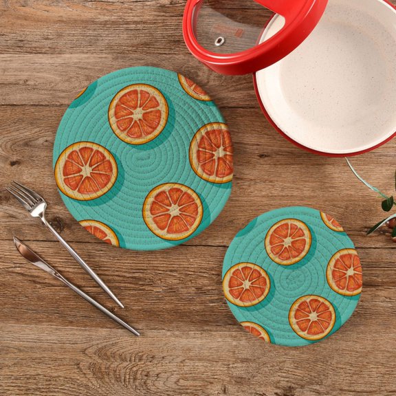 Wobogo Halved Orange Pattern Trivets Potholders Set of 2 Cotton Woven Round Hot Plate Mats for Hot Dishes Bowls Teapots