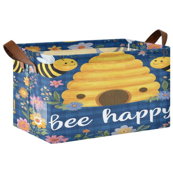 Wobogo Happy Bees Storage Basket 16.9×11.4×10in Collapsible Oversized with Metal Iron Frame