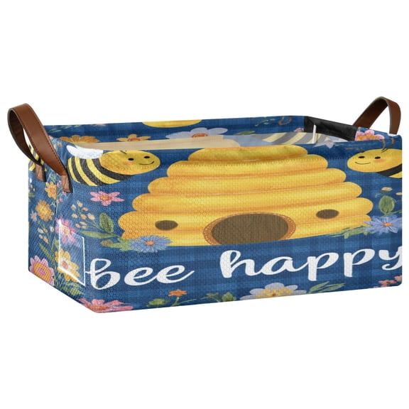 Wobogo Happy Bees Storage Basket Soccer Plaid Fabric Oversized Collapsible Hoard Box with Metal Iron Frame 16.9×11.4×7.7in