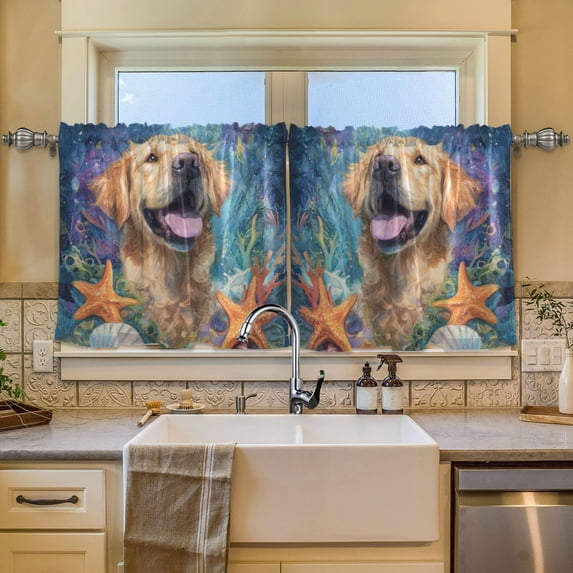 Wobogo Happy Dog Kitchen Curtains 2 Piece Set Symmetrical Design Light Filtering Small Window Drapes Suitable for Bathroom Laundry Room and RV 57x36in