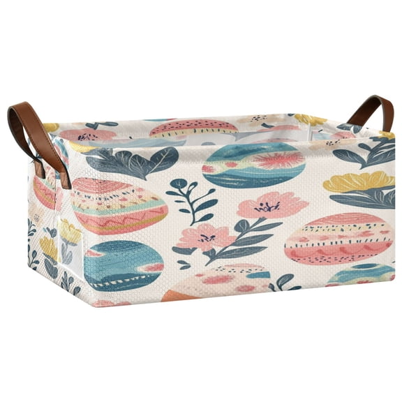 Wobogo Happy Easter Eggs Storage Basket Soccer Plaid Fabric Oversized Collapsible Hoard Box with Metal Iron Frame 16.9×11.4×7.7in