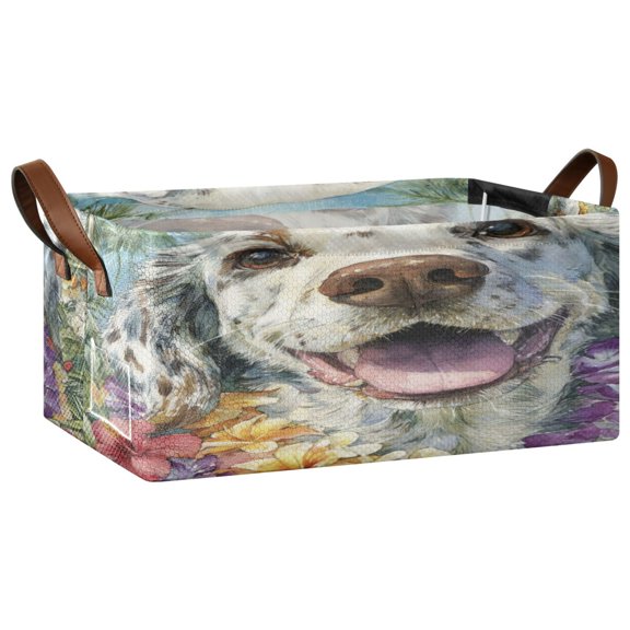 Wobogo Happy English Setter Dog Storage Basket Soccer Plaid Fabric Oversized Collapsible Hoard Box with Metal Iron Frame 16.9×11.4×7.7in