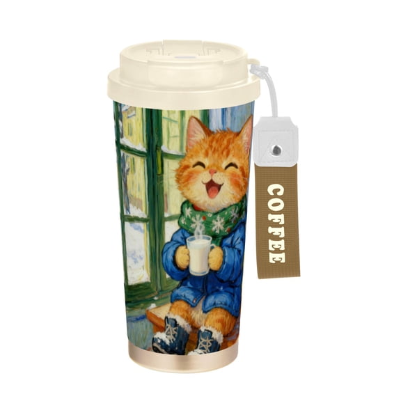 Wobogo Happy Orange Cat Double Drinking Coffee Cup Insulated Mug with Food-grade 316 Stainless Steel Beige Lid