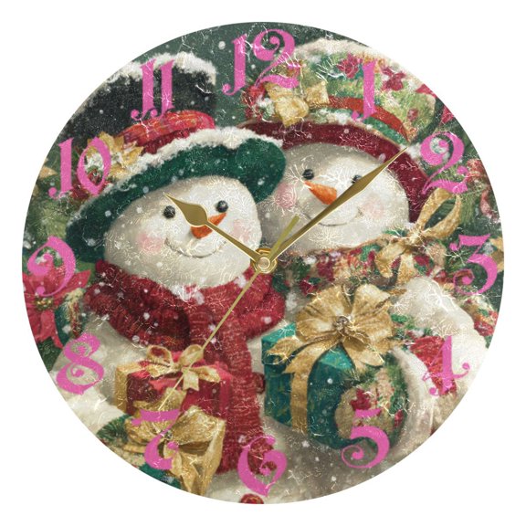 Wobogo Happy Snowman Wall Clock 10in Silent Mechanism Battery Operated Retro Style for Living Room Bedroom and Kitchen Gold Pointer