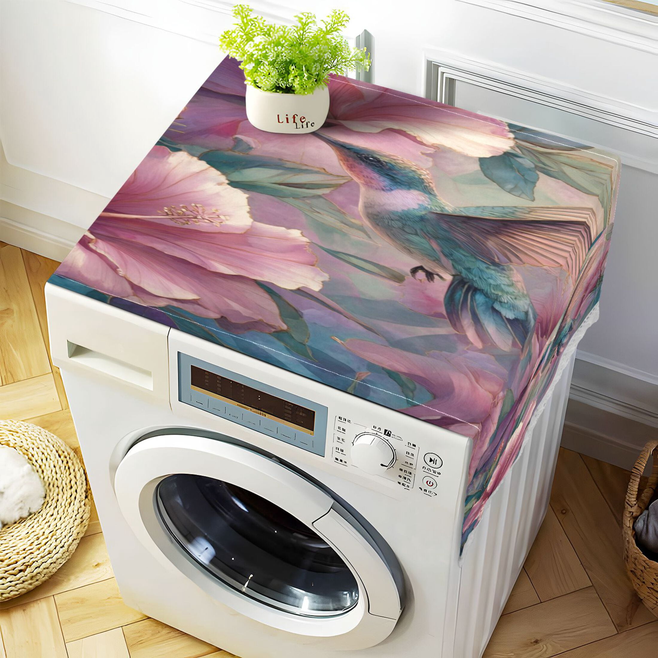 Wobogo Hibiscus Hummingbird Washing Machine Cover Dustproof Washer Dryer Cover Waterproof Laundry Room Decorative Protector