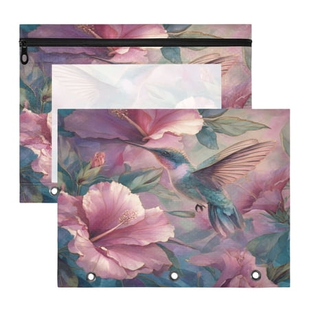 Wobogo Hibiscus Hummingbird Zipper Document Bag Set 2 Pack Waterproof File Folder Pouch for School & Office, 12.2×9.45in