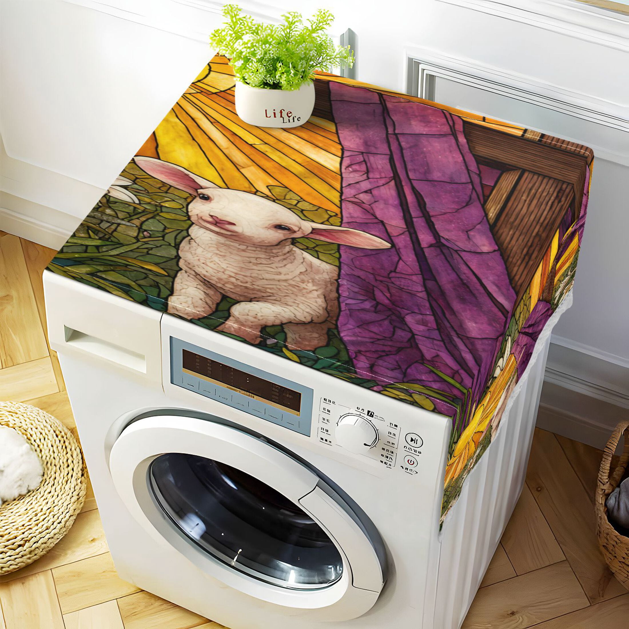 Wobogo Holy Lamb Stained Glass Washing Machine Cover Dustproof Washer Dryer Cover Waterproof Laundry Room Decorative Protector